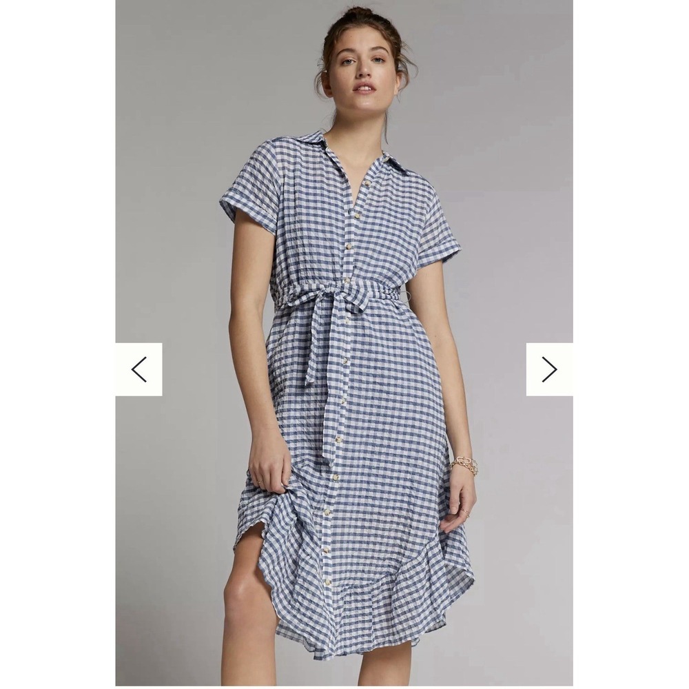 Maeve Anthropologie Blue Gingham Finley Midi Shirtdress Size Small Coastal READ